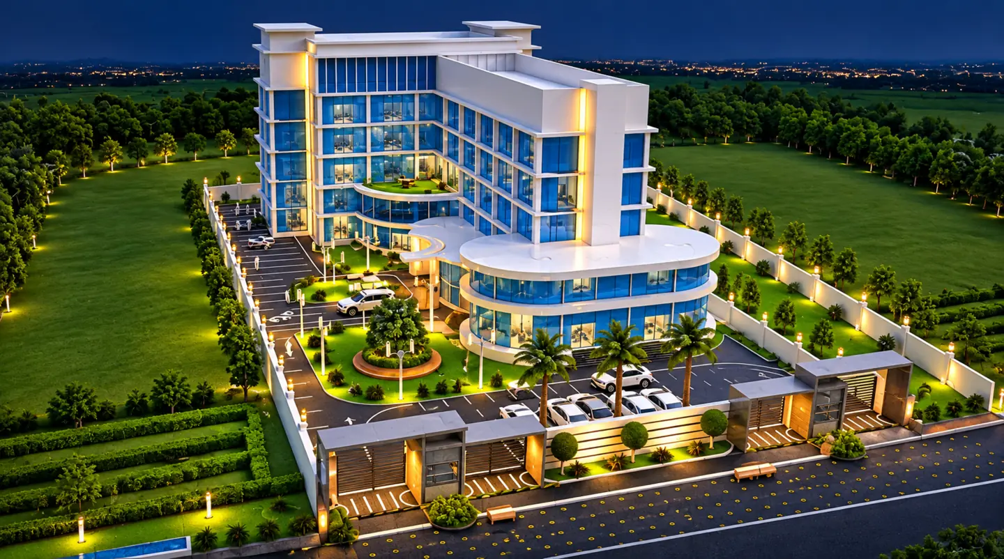 Architectural visualisation of the proposed Al-Irshad future campus; not a photograph of a completed building.