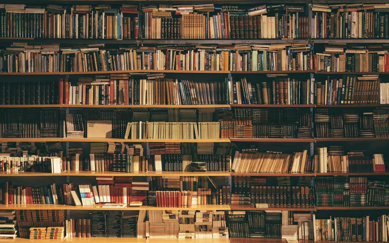 Shelves of reference books in a library.