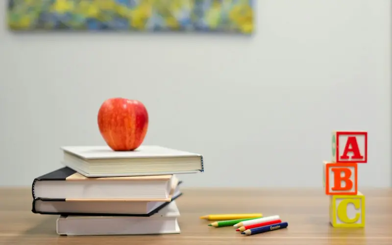 School books, pencils and learning materials on a desk.