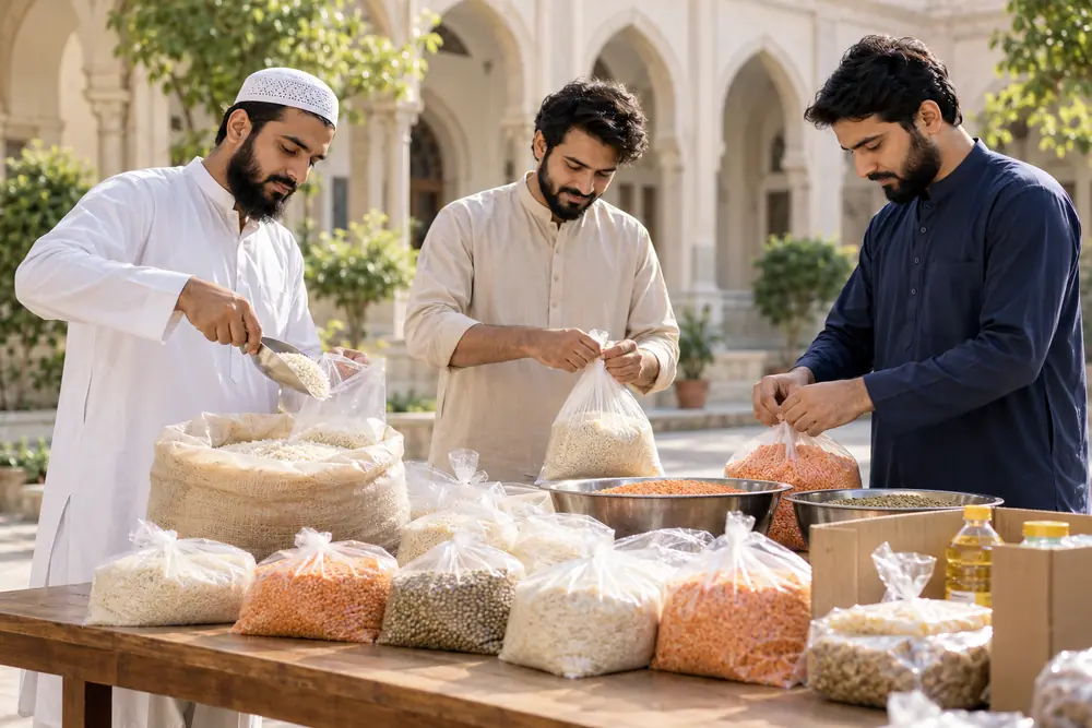 Illustrative scene of volunteers preparing food parcels in an Islamic institute courtyard; AI-generated, not a record of Al-Irshad activities.